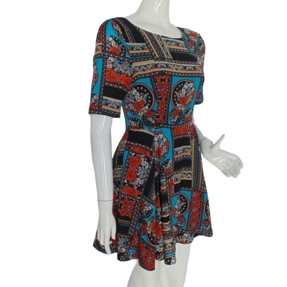 MINKPINK Dress, Jr M, Geometric Floral/Roses, Skater, Poly, Aqua/Black/ - Picture 2 of 12